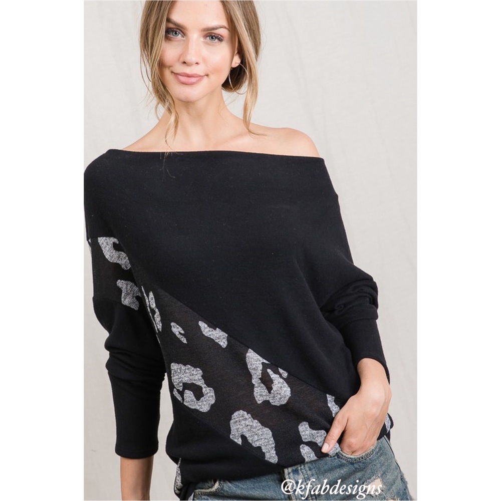 ❤️LAST ONE! Multi Wear Neckline Super Soft, Leopard Accent, Dolman Sleeve Top - Picture 2 of 9
